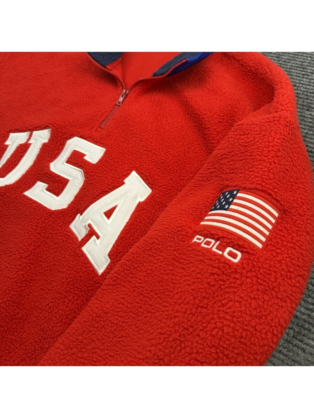 Polo Ralph Lauren Red USA Flag 1/4 Zip Hi-Pile Fleece Mens Sz Med Pullover NWOT